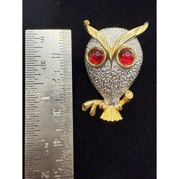 Vintage Perched Owl Brooch Pin Gold and Silver Tone Red Glass Cabochon Eyes - Picture 2 of 10